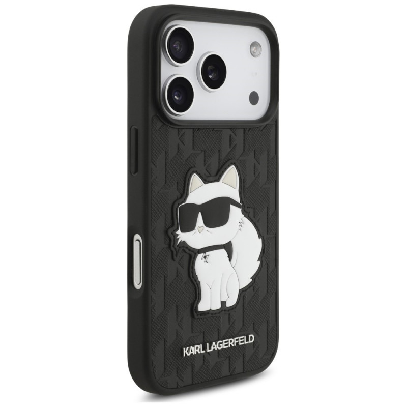 Karl Lagerfeld Saffiano Mono Patch Choupette dėklas, skirtas Apple iPhone 18 Pro / 17 Pro, juodas
