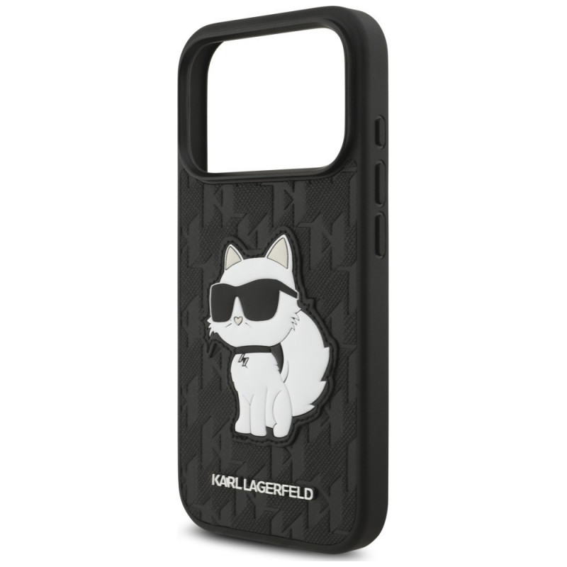 Karl Lagerfeld Saffiano Mono Patch Choupette dėklas, skirtas Apple iPhone 18 Pro / 17 Pro, juodas