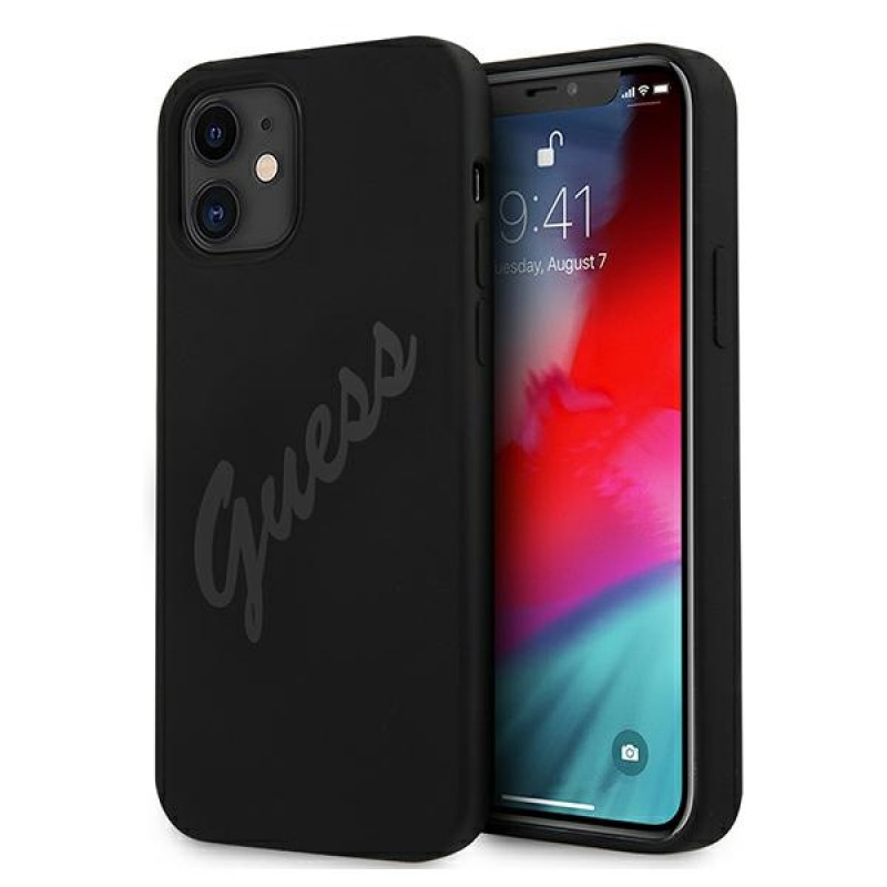 Guess GUHCP12SLSVSBK Script Vintage kietasis dėklas, skirtas Apple iPhone 12 mini 5.4 inch, juodas/juodas