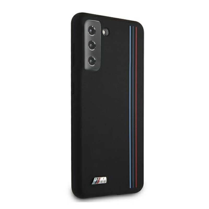 BMW BMHCS21MSIVTBK Silicone Stripes M Collection dėklas, skirtas Samsung Galaxy S21+, juodas