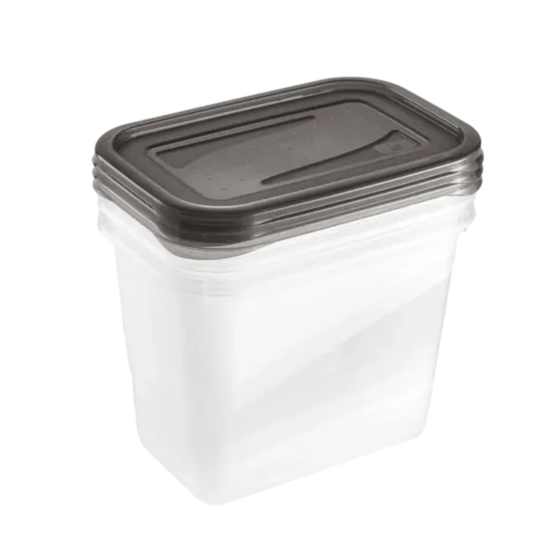 keeeper Fredo Fresh maisto produktų laikymo indų rinkinys, 3 x 1,0 L, stačiakampiai, permatomas pagrindas, pilkas dangtis