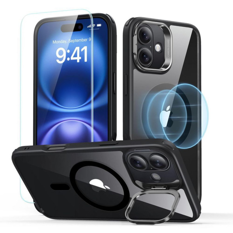 ESR Classic Hybrid Kickstand HaloLock MagSafe dėklas su grūdintu stiklu, skirtas Apple iPhone 16, permatomas/juodas