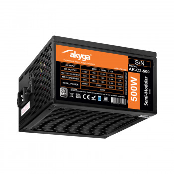 Akyga ATX maitinimo blokas 500 W AK-C2-500, pusiau modulinis, P4+4, 2x PCI-E 6+2 Pin, 4x SATA, 2x Molex, 12 cm ventiliatorius, 80 PLUS