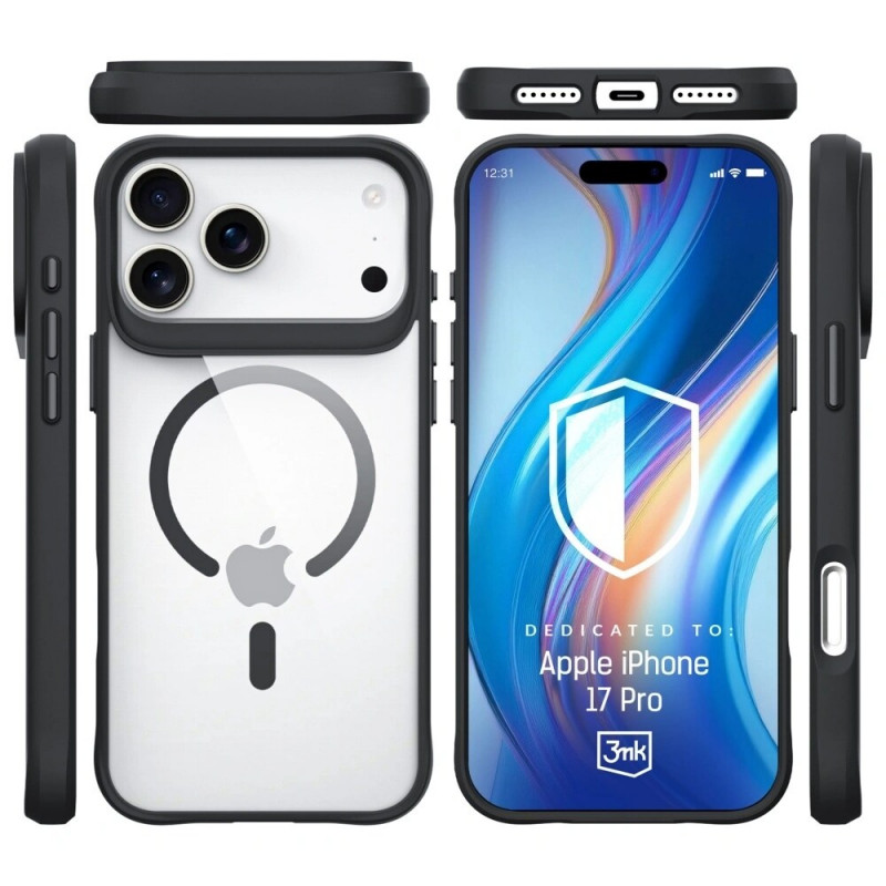 3MK Satin Armor MagCase dėklas, skirtas Apple iPhone 17 Pro, permatomas juodas