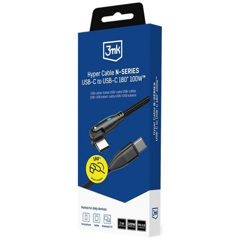 3MK Hyper Cable N-SERIES USB-C į USB-C kabelis su 180° pasukamu antgaliu, 1 m, 100 W, juodas
