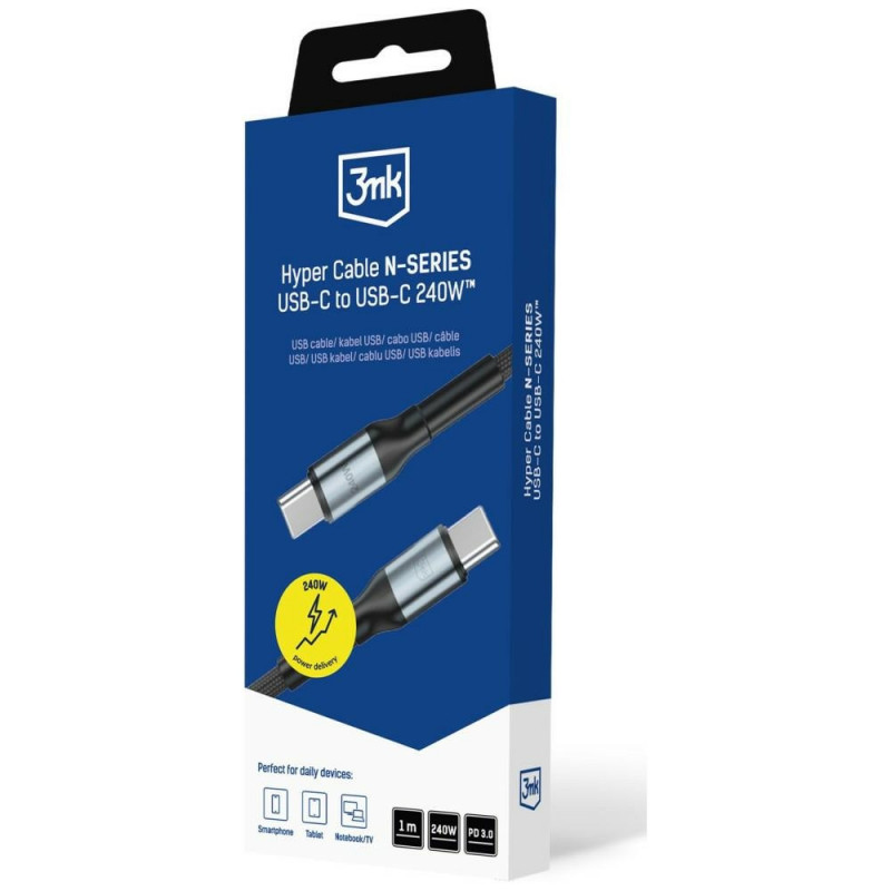 3MK Hyper Cable N-SERIES USB-C–USB-C kabelis, 1 m, 240 W, juodas