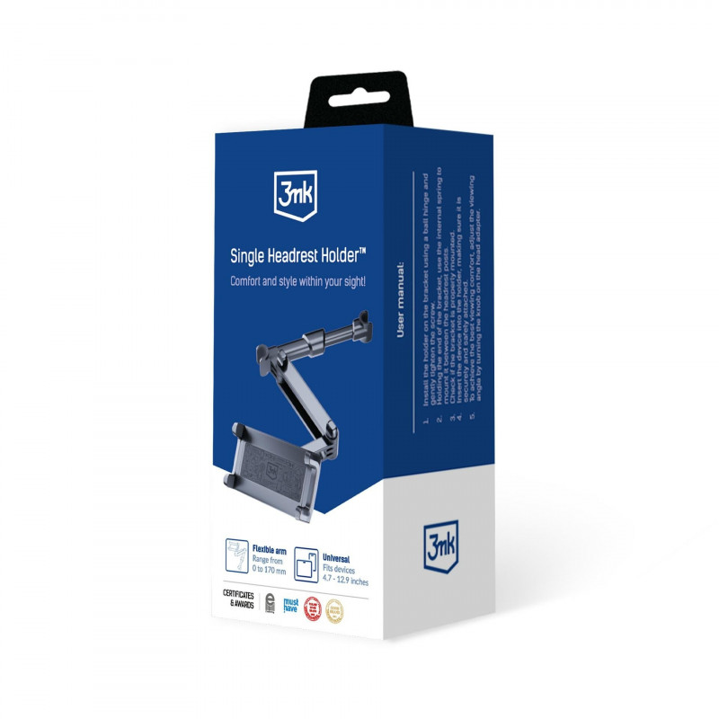 3MK Single Headrest Holder laikiklis telefonams ir planšetiniams kompiuteriams automobilyje 4.7"-12.9", juodas