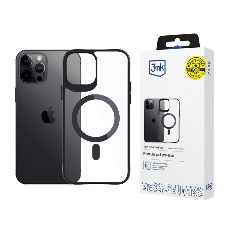 3MK Satin Armor MagCase su MagSafe, skirta Apple iPhone 12 Pro Max, permatomas su juodu rėmeliu