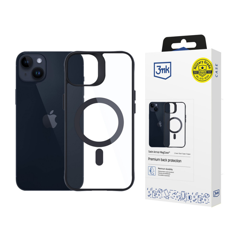 3MK Satin Armor MagCase su MagSafe, skirta Apple iPhone 14 Plus, permatomas su juodu rėmeliu (156076-0)