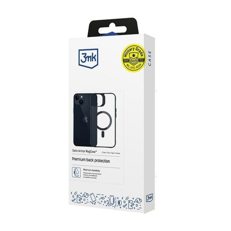3MK Satin Armor MagCase su MagSafe, skirta Apple iPhone 14 Plus, permatomas su juodu rėmeliu (156076-0)