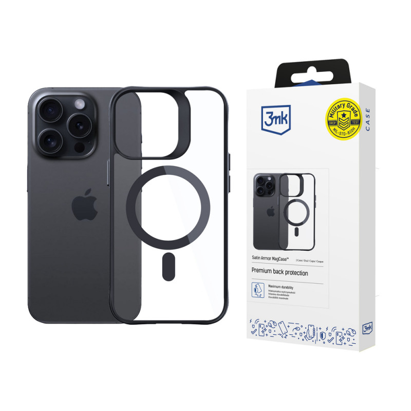 3MK Satin Armor MagCase su MagSafe, skirta Apple iPhone 14 Pro Max, permatomas su juodu rėmeliu