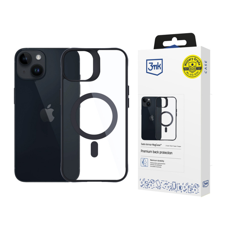 3MK Satin Armor MagCase su MagSafe, skirta Apple iPhone 13 / 14, permatomas su juodu rėmeliu (156075-0)