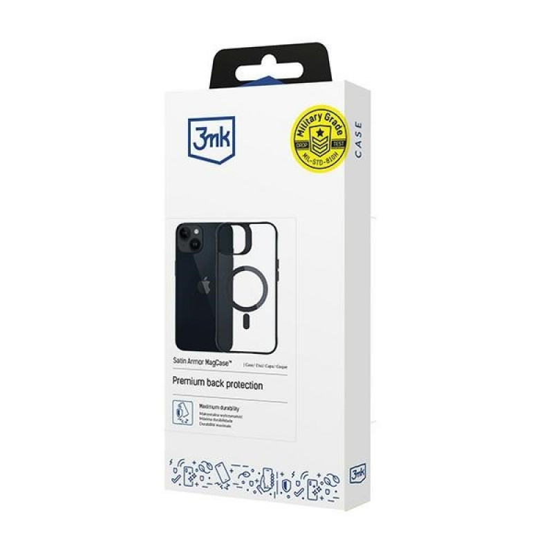 3MK Satin Armor MagCase su MagSafe, skirta Apple iPhone 13 / 14, permatomas su juodu rėmeliu (156075-0)