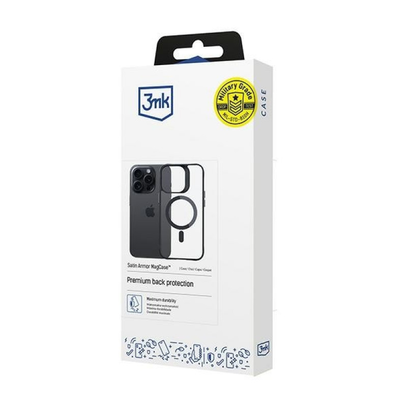 3MK Satin Armor MagCase su MagSafe, skirta Apple iPhone 15 Pro, permatomas su juodu rėmeliu