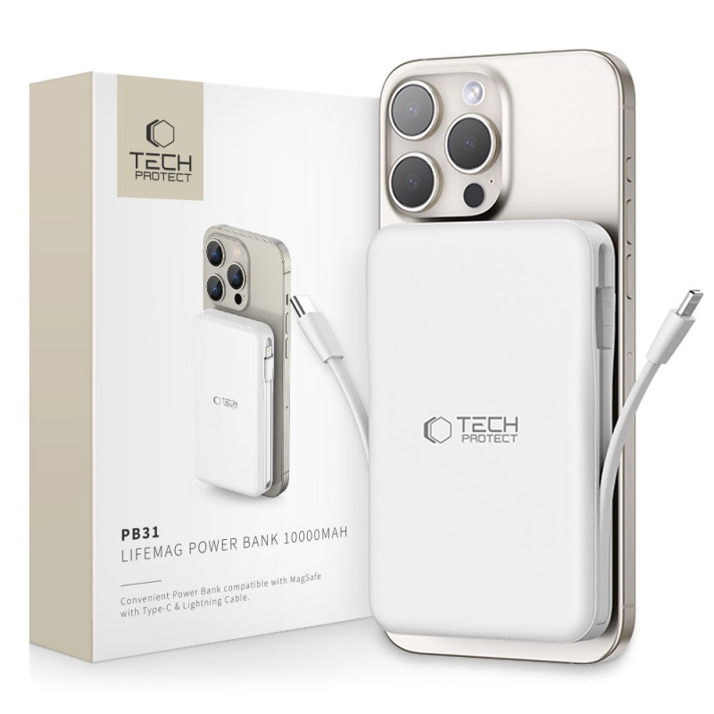Tech-Protect PB31 LifeMag MagSafe belaidis įkroviklis 10000 mAh, 15 W, baltas