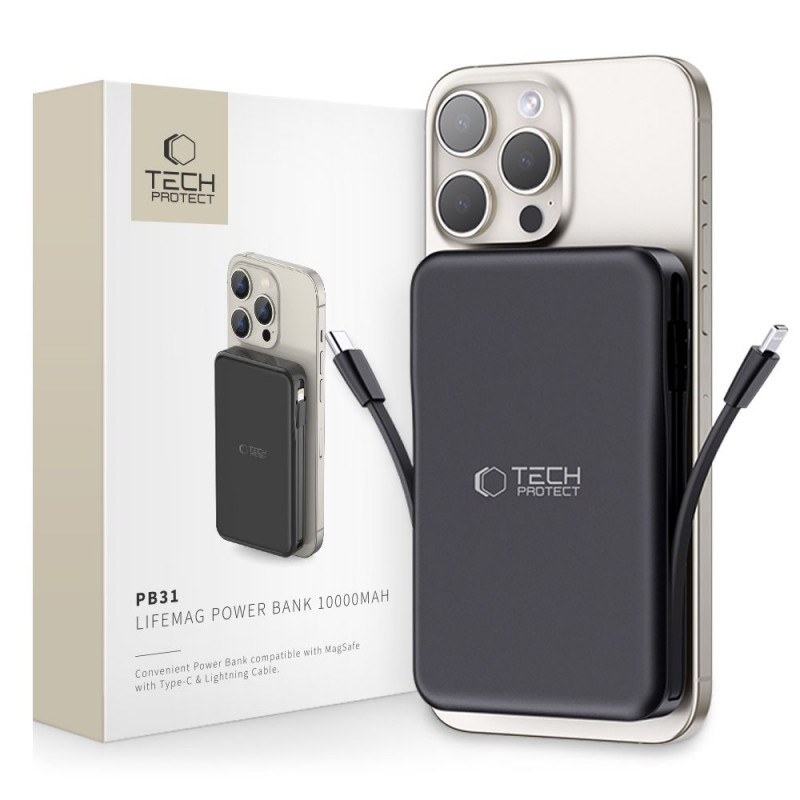 Tech-Protect PB31 LifeMag MagSafe nešiojamas įkroviklis 10000 mAh, 15 W, juodas