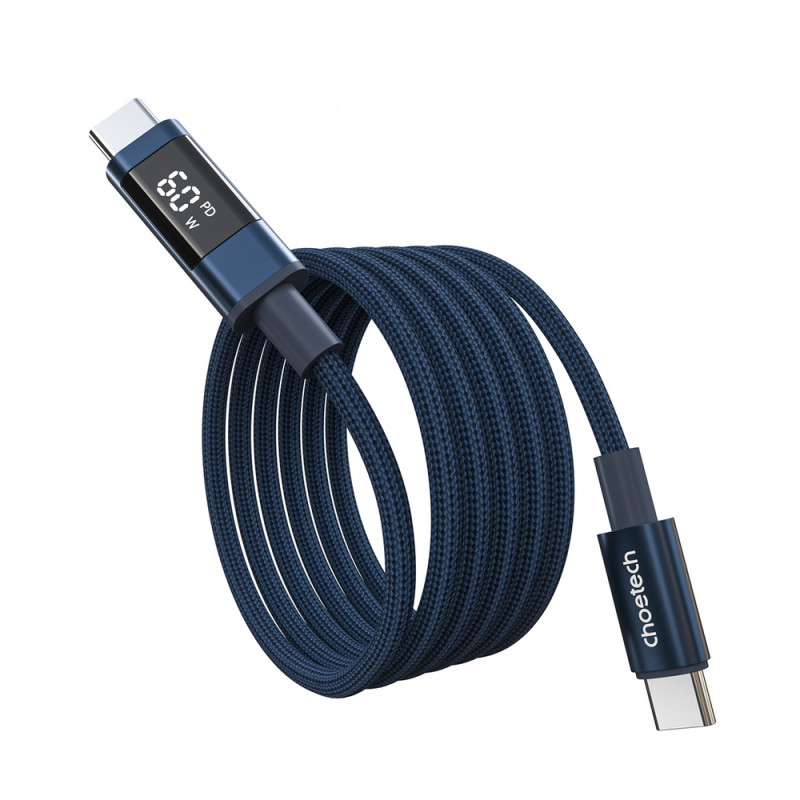 Choetech XCC-1068 PD 60W USB-C–USB-C kabelis su ekranu, 1,2 m, mėlynas