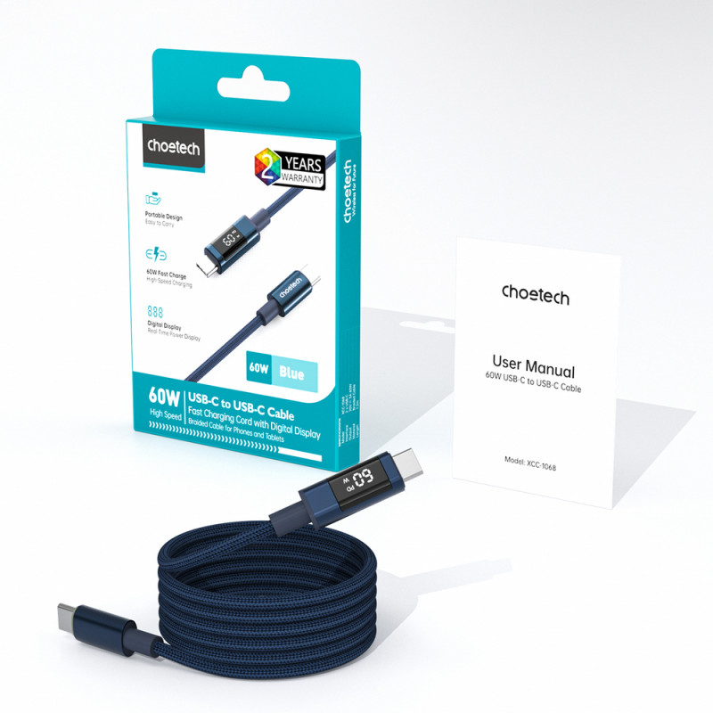 Choetech XCC-1068 PD 60W USB-C–USB-C kabelis su ekranu, 1,2 m, mėlynas
