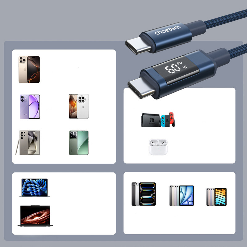 Choetech XCC-1068 PD 60W USB-C–USB-C kabelis su ekranu, 1,2 m, mėlynas