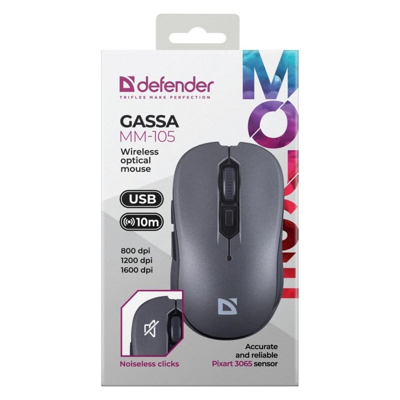 Defender Gassa MM-105 RF Silent belaidė pelė, pilka