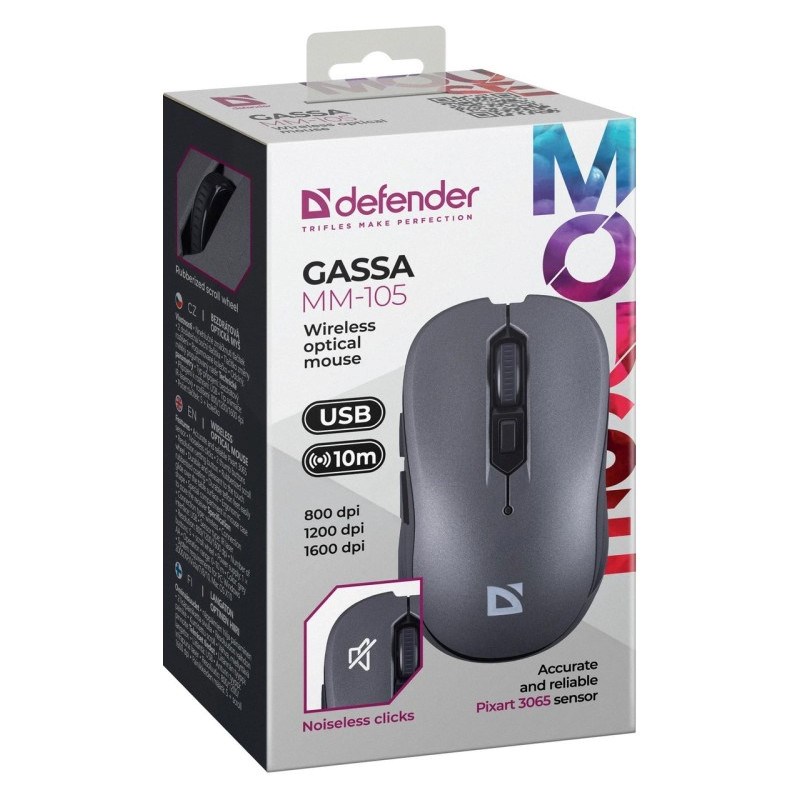 Defender Gassa MM-105 RF Silent belaidė pelė, pilka