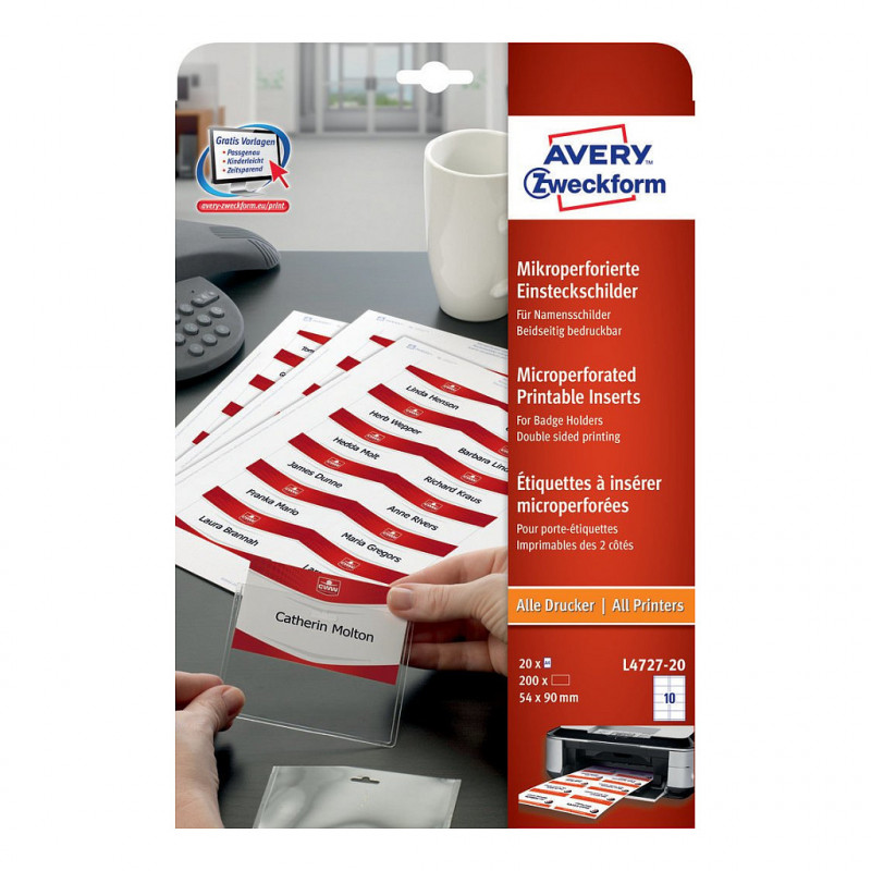 Avery Zweckform L4727-20 lipniosios vardinių ženklelių etiketės, 90 x 54 mm, baltos