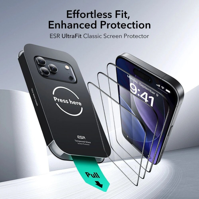 ESR UltraFit grūdinto stiklo ekrano apsauga, skirta Apple iPhone 17 Pro Max / 18 Pro Max, ESR925, skaidri (2 vnt.)