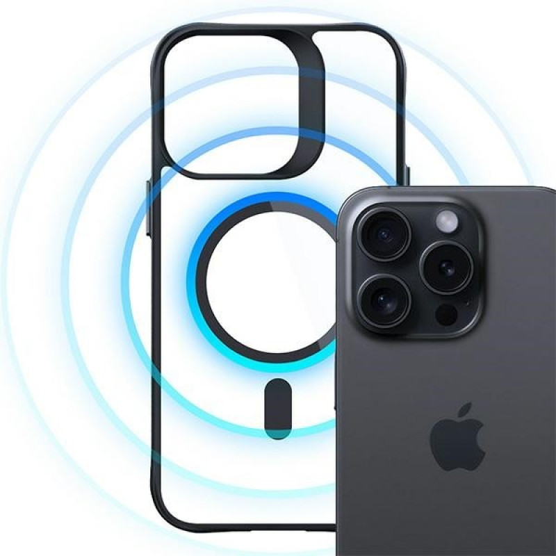 3MK Satin Armor MagCase MagSafe išmaniojo telefono dėklas, skirtas Apple iPhone 15 Pro Max, permatomas su juodu rėmeliu