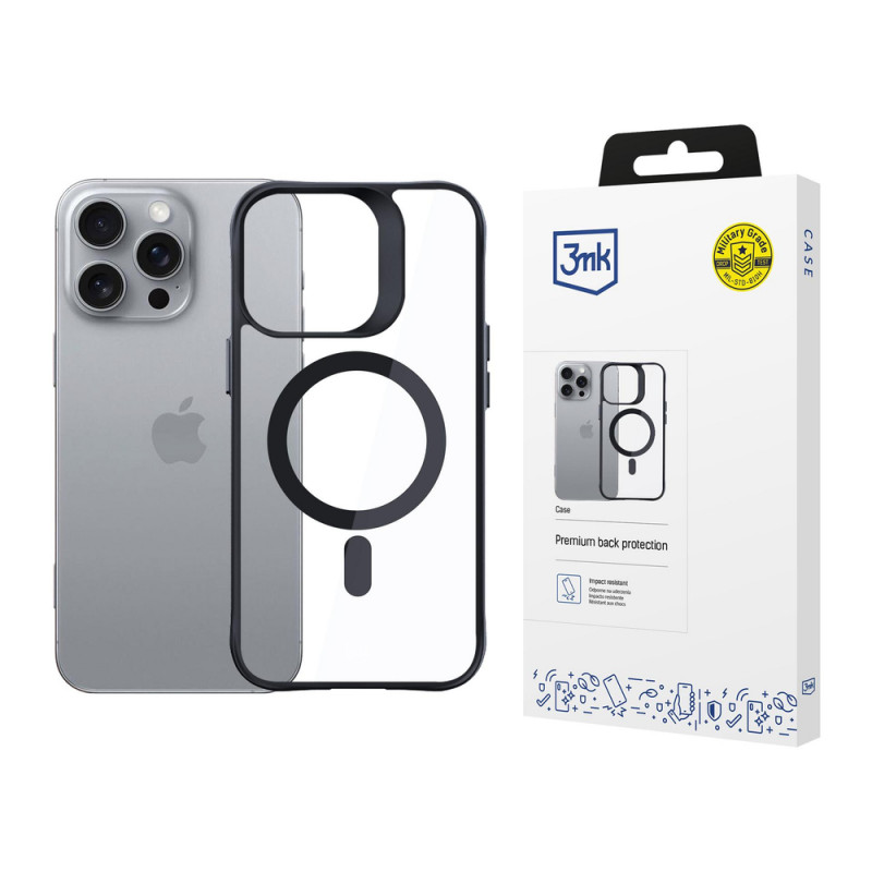 3mk Satin Armor MagCase su MagSafe, skirta Apple iPhone 16 Pro, permatomas su juodu rėmeliu