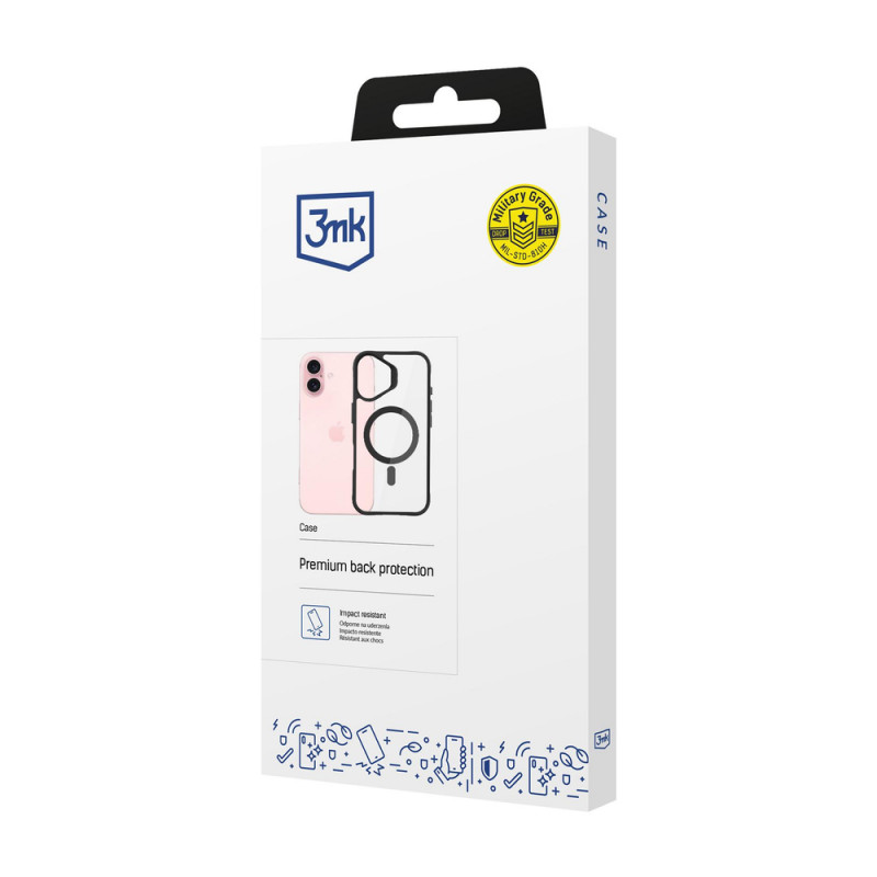 3mk Satin Armor MagCase su MagSafe, skirta Apple iPhone 16 Plus (W-3SAMaCa-AiP16Plu-0), permatomas su juodu rėmeliu