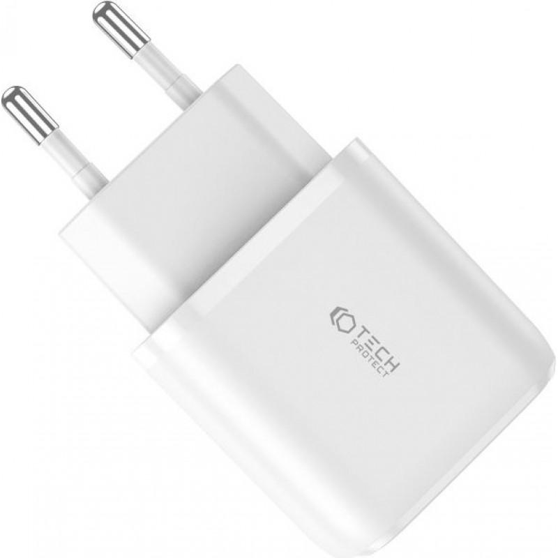 Tech-Protect C20W 2 prievadų sieninis įkroviklis, USB-C PD 20W ir USB-A QC 3.0, baltas