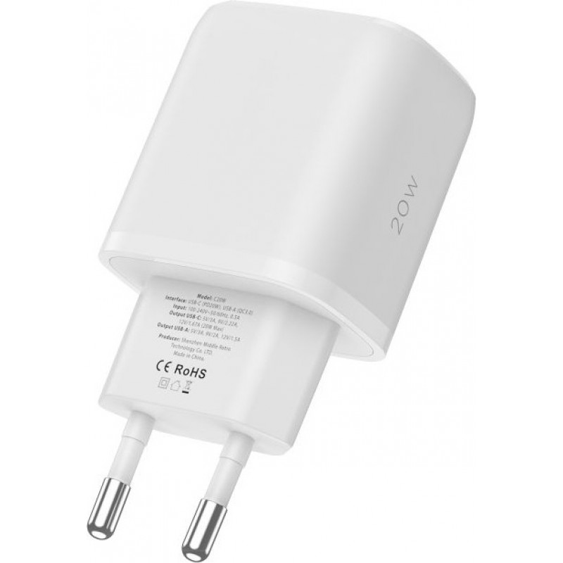 Tech-Protect C20W 2 prievadų sieninis įkroviklis, USB-C PD 20W ir USB-A QC 3.0, baltas