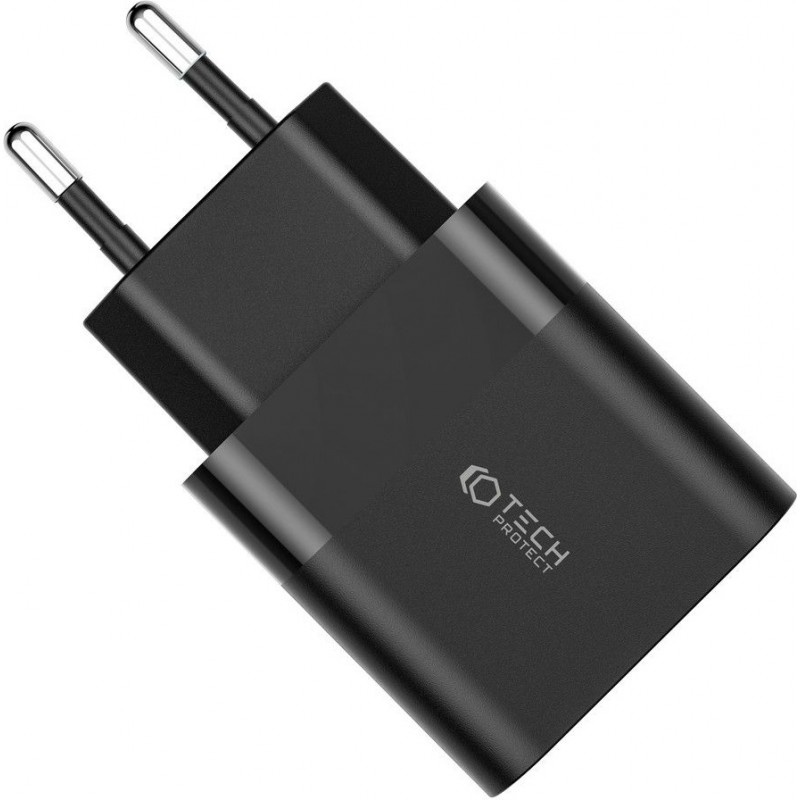 Tech-Protect C30W 2 prievadų sieninis įkroviklis, USB-C PD 30W ir USB-A QC 3.0, juodas