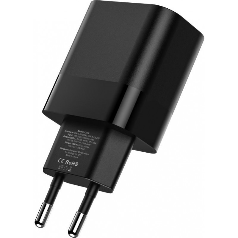 Tech-Protect C30W 2 prievadų sieninis įkroviklis, USB-C PD 30W ir USB-A QC 3.0, juodas