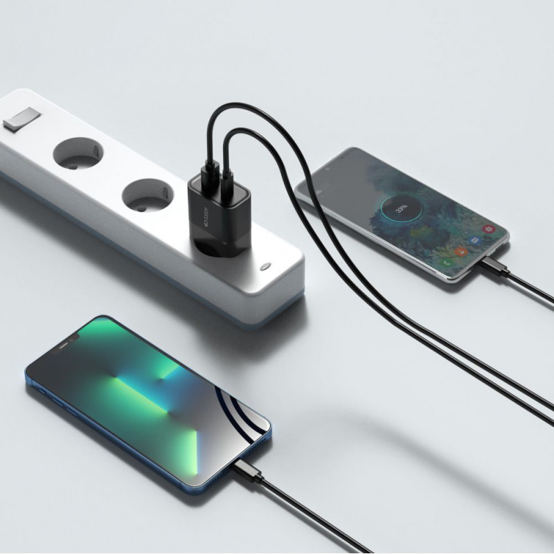Tech-Protect C30W 2 prievadų sieninis įkroviklis, USB-C PD 30W ir USB-A QC 3.0, juodas