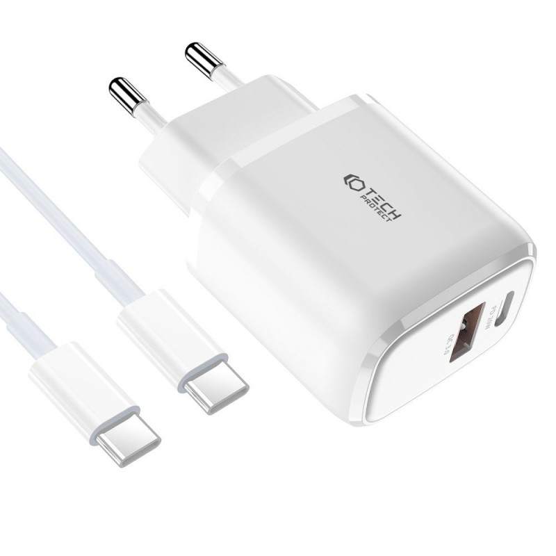 Tech-Protect C20W 2 portų sieninis įkroviklis PD 20W QC 3.0 su USB-C kabeliu, baltas