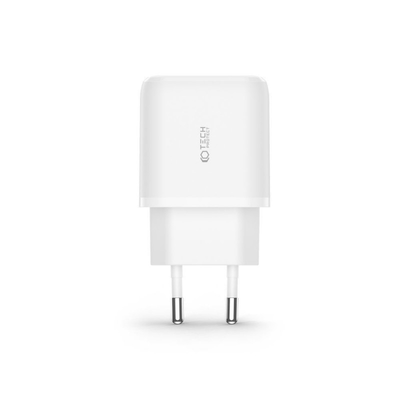 Tech-Protect C20W 2 portų sieninis įkroviklis PD 20W QC 3.0 su USB-C kabeliu, baltas