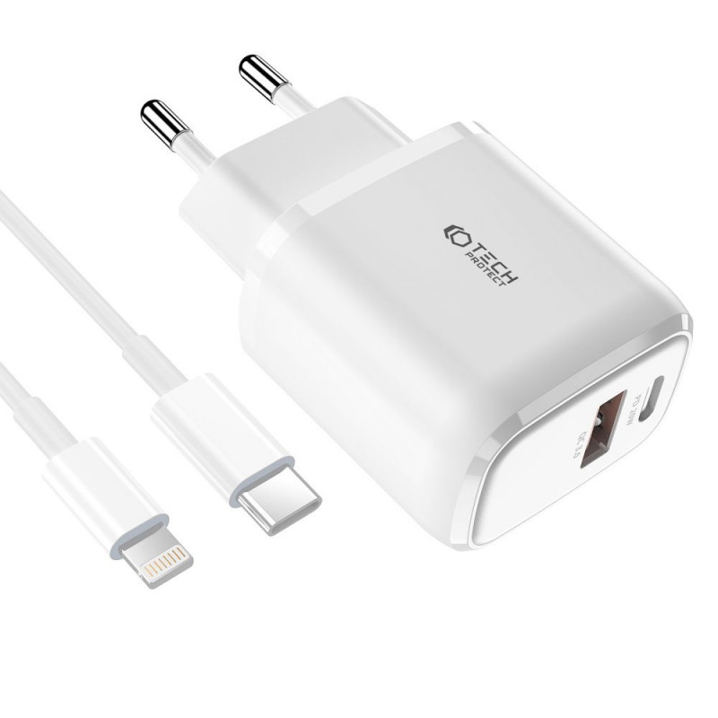 Tech-Protect C20W 2 prievadų sieninis įkroviklis PD 20W QC 3.0 su Lightning kabeliu, baltas