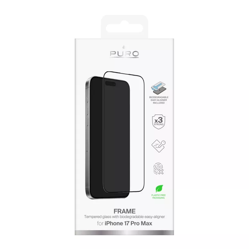 PURO Frame grūdintas stiklas skirtas iPhone 17 Pro Max su aplikatoriumi ir juodu rėmeliu