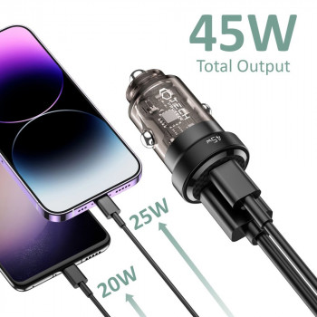 Tech-Protect CC45W 2 prievadų automobilinis įkroviklis, USB-C PD 45W, USB-A QC 3.0, juodas