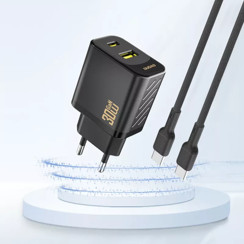 Dudao A27TEU PD 30W GaN sieninis įkroviklis, USB-A + USB-C, juodas