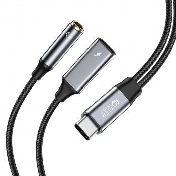 Tech-Protect Ultraboost USB-C į USB-C ir mini jack 3,5 mm adapteris, 60W, juodas