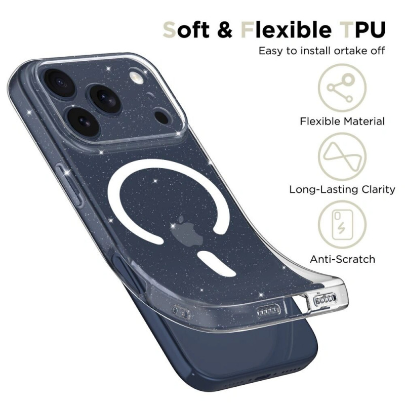 Tech-Protect FlexAir MagSafe dėklas, skirtas Apple iPhone 17 Pro Max, permatomas su blizgučiais