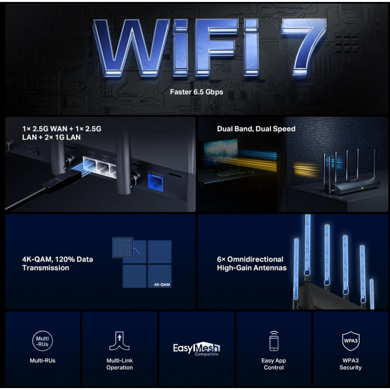 Mercusys MR37BE dviejų dažnių Wi-Fi 7 maršrutizatorius, iki 6500 Mbps