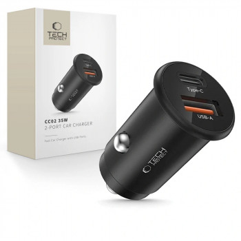 Tech-Protect CC02 2 prievadų automobilinis įkroviklis USB-A / USB-C, PD 35W / QC 3.0, juodas (THP4079)