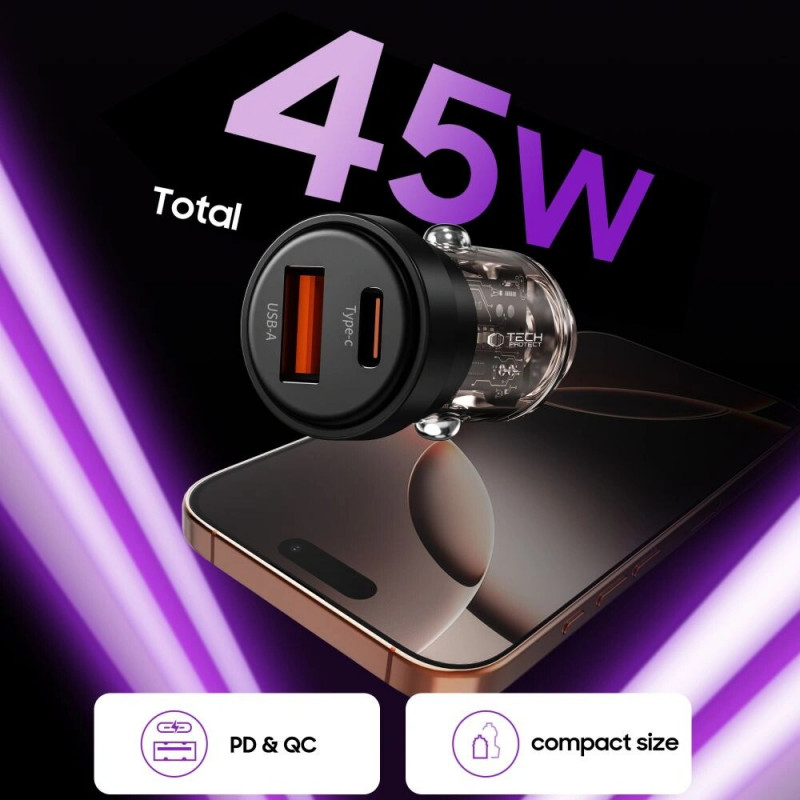 Tech-Protect CC03 2 prievadų automobilinis įkroviklis USB-A / USB-C, PD 45W / QC 3.0, juodas