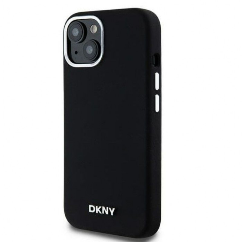 DKNY Apple iPhone 15 kietasis dėklas Liquid Silicone Small Metal Logo MagSafe, juodas