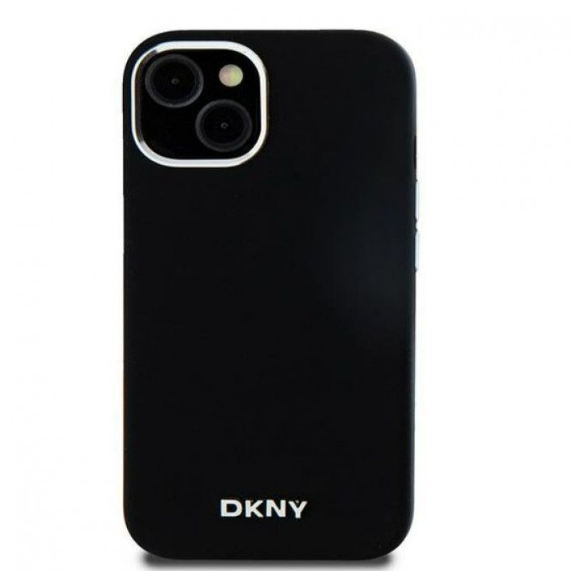 DKNY Apple iPhone 15 kietasis dėklas Liquid Silicone Small Metal Logo MagSafe, juodas