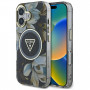 Guess Glitter Flowers Triangle Buttons MagSafe dėklas, skirtas Apple iPhone 16, juodas