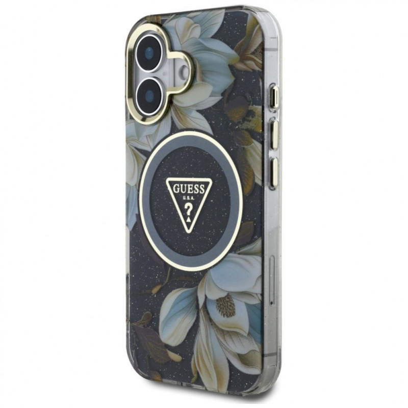 Guess Glitter Flowers Triangle Buttons MagSafe dėklas, skirtas Apple iPhone 16, juodas